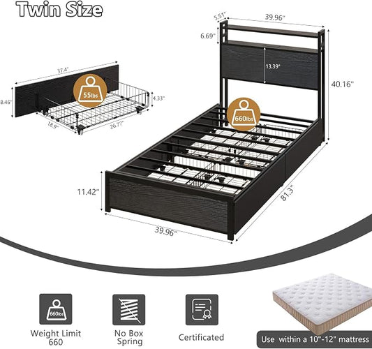 VINGLI LED Twin Bed Frame with 4 Storage Drawers and Adjustable Headboard Shelf, Metal Platform Panel Bed with Charging Station for Kids Teens, Adults, No Box Spring Needed, Black