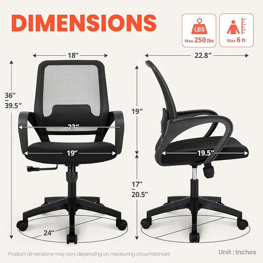 NEO CHAIR Office Desk Ergonomic Computer Mesh Chair with Lumbar Mid Back Support Adjustable Height Swivel Rolling Wheels Comfy Task Vanity Chair for Home Bedroom Study (Black)