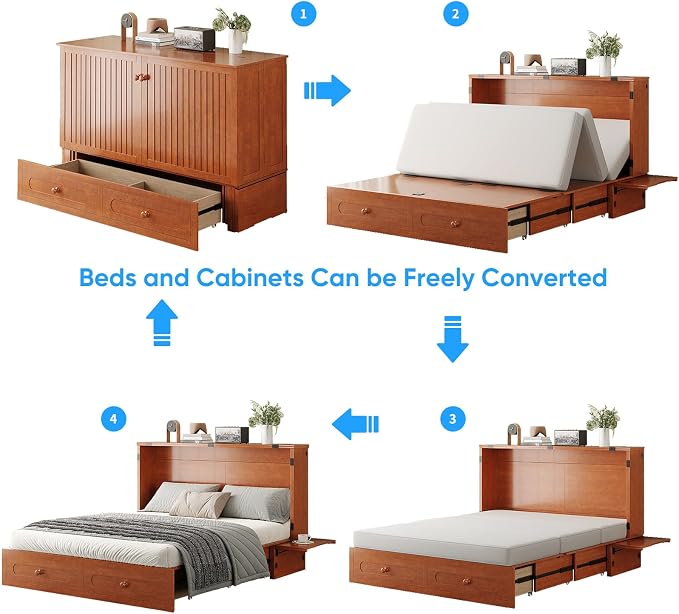 PUREMIND Queen Murphy Bed with Mattress Included, Folding Convertible Bed, Hideaway Cabinet Bed with Storage Drawer & USB Charging Station, Space Saving Wallbed for Small Spaces, Cherry