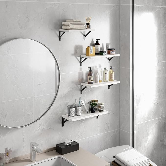 YGEOMER Floating Shelves for Wall, Different Sizes White Wall Shelves for Living Room, Bathroom, Bedroom, Kitchen, Home Decor (Set of 4)