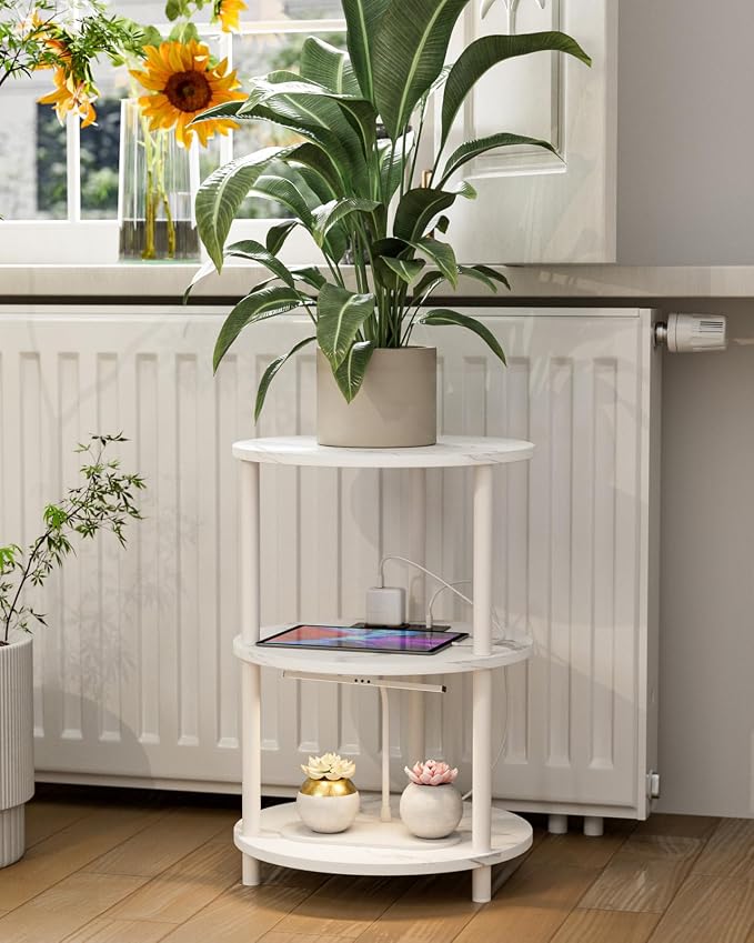 XBurmo Small Round End Table - 3 Tier Design Accent Table, Narrow Side or Bedside Stand, Industrial Vintage Table for Small Spaces, Built-in USB Ports and Power Outlet, Marble White