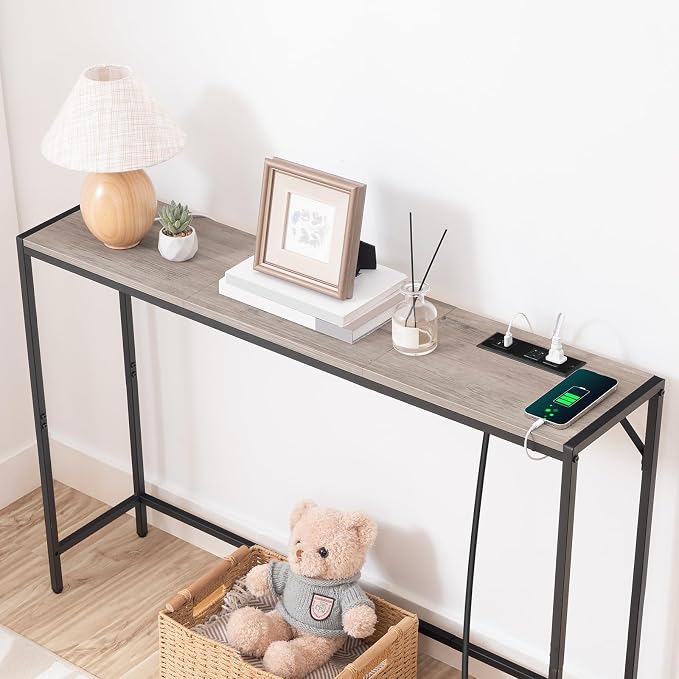 MAHANCRIS Console Table, Narrow Sofa Table, 43.7” Entrance Table with Power Station, Behind Couch Table, Simple Style, for Living Room, Hallway, Entryway, Foyer, Greige and Black CTHG112E01