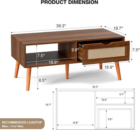 ZttRiee Rattan Coffee Table with Drawer, Mid-Century, Walnut | 39.4"L x 19.7"W x 16.9"H, 220 lbs capacity, 1 rattan drawer & open compartments, solid wood legs, ~30 min assembly