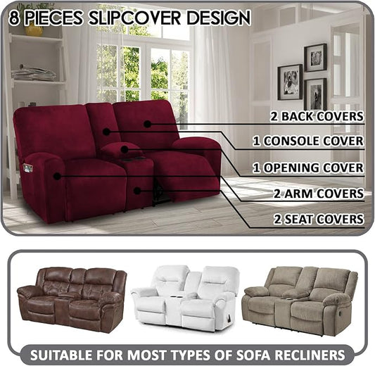 Reclining Love Seat with Middle Console Slipcover, 8-Piece Velvet Stretch Loveseat Reclining Sofa Covers, 2 seat Loveseat Recliner Cover, Thick, Soft, Washable, Loveseat Slipcovers (Burgundy - Wine)