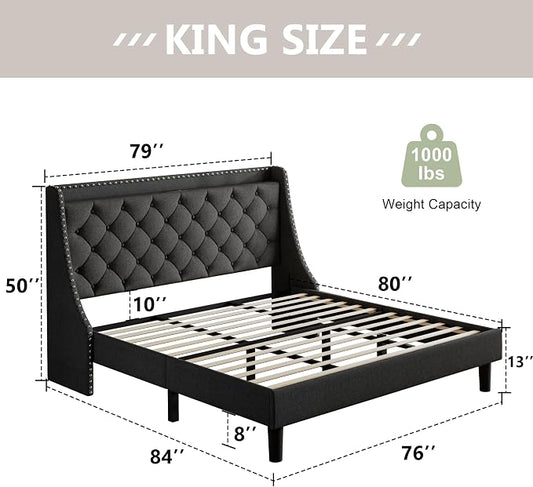 Feonase King Size Bed Frame with Luxury Wingback and Fast Charging Station, Upholstered Button Tufted Storage Headboard, King Platform Bed, Heavy Duty Wooden Slats Support, Easy Assembly, Dark Gray