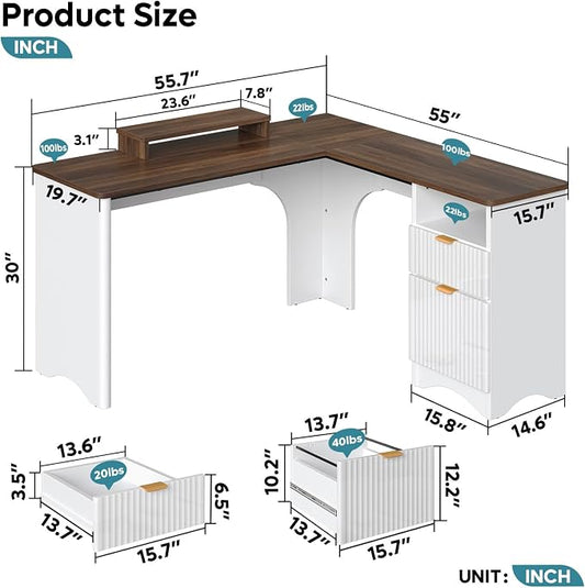 Bestier L Shaped Desk with File Drawer, 55.7" x 55" Office Computer Desk with Round Corners, Modern Desk with Monitor Stand & Fluted Panels for Home Office, White & Walnut