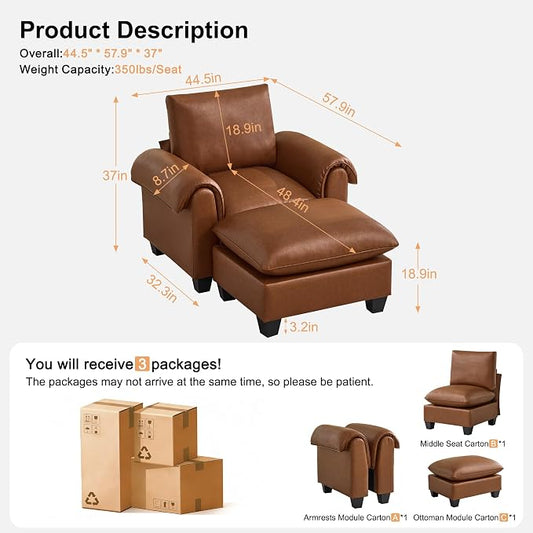 44.5" Faux Leather Oversized Single Sofa with Movable Ottoman, Accent Chair with Curved Armrests, Cloud Modern Sofa Upholstered Reading Lounge Armchair for Living Room, Bedroom,Brown