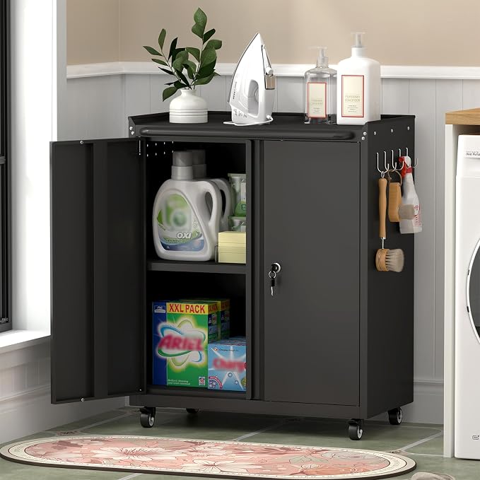 GREATMEET Garage Storage Cabinet with Wheels, Lockable Metal Storage Cabinet, Rolling Tool Cabinet with Adjustable Shelf, Push Handle for Shop, Home, Office, Black