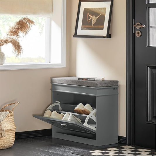 Haotian Grey Hallway Shoe Bench, Narrow Shoe Rack with Adjustable Shelf, Small Shoe Cabinet with 1 Flip-Drawer and Seat Cushion, FSR82-K-HG