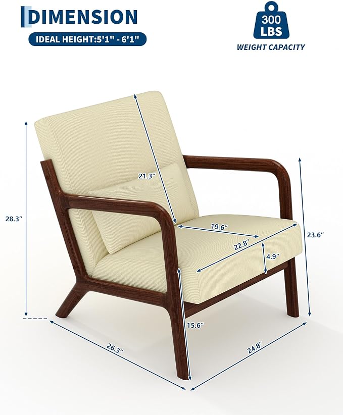 Garvee Mid-Century Accent Chair Set of 2, Cozy Reading Chair, Modern Lounge Armchair with Lumbar Pillow, Sturdy Wood Frame, for Living Room, Bedroom, Office, Beige, Fine Wale Corduroy Upholstery