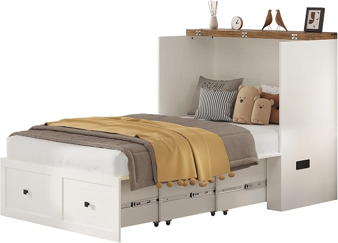 AMERLIFE Twin Murphy Bed Cabinet with Charging Station and Storage Drawer, Farmhouse Foldable Platform Bed for Home Office, Apartment, Small Spaces, Distressed White