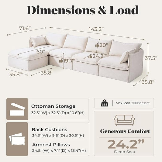 Cloud Modular Sectional Sofa, Oversized Deep Seat Comfort, Linen Blend | Fully Removable Washable Covers, Memory Foam Seat Cushions, Storage Ottoman, Premium Fabric
