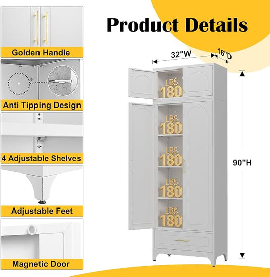 SteeLoong Kitchen Pantry Cabinet,90" Storage Cabinets with Doors and Shelves,Metal Pantry Cabinet with Drawers,White Kitchen Cupboard for Livingroom,Pantry, Bathroom