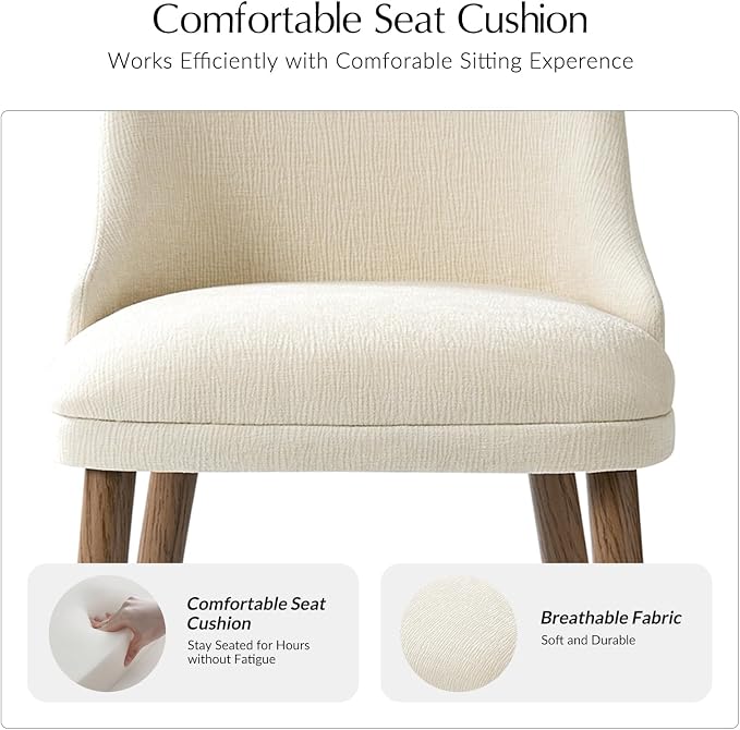 Upholstered Dining Chairs Set of 4, Fabric Dining Room Chairs with Curved Backrest, Solid Wood Legs, Modern Kitchen Chairs for Dining Room Living Room, Ivory