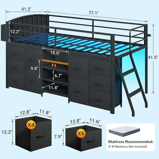 ELYKEN Low Loft Bed Twin Size with 10 Storage Drawers,Twin Loft Bed with Bookcase and LED Lights,Metal Kids Loft Bed with Safety Guardrail,Inclined Ladder & Play Curtain, Under-Bed Play Space, Black