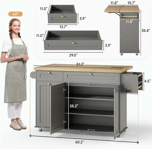 ONBRILL 60" Kitchen Island with Power Outlet & Drop Leaf, Rolling Island with Spice Rack & Towel Rack, Kitchen Island Cart with Trash Storage Cabinet, Island Table for Kitchen, Grey