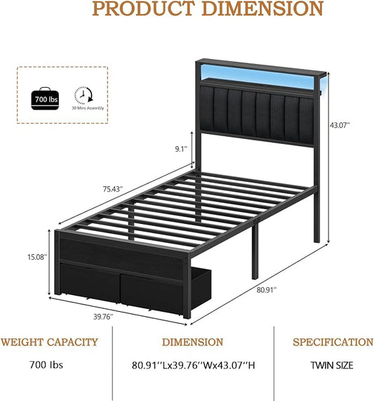 Furnulem Twin Bed Frames with Storage Drawers and Upholstered Headboard | Grey Metal Platform Bed with Charging Station, LED Lights, 2 Tier Shelves, Fabric Drawers. No Box Spring Needed, Noise Free