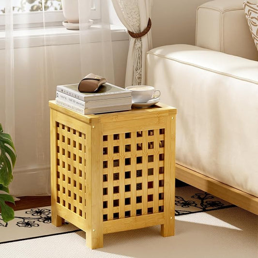 Bamboo End Table with Removable Cushion and Hidden Storage, 2-in-1 Ottoman Side Table with Breathable Grid Design for Small Space, Living Room, Bedroom, Balcony, Entryway