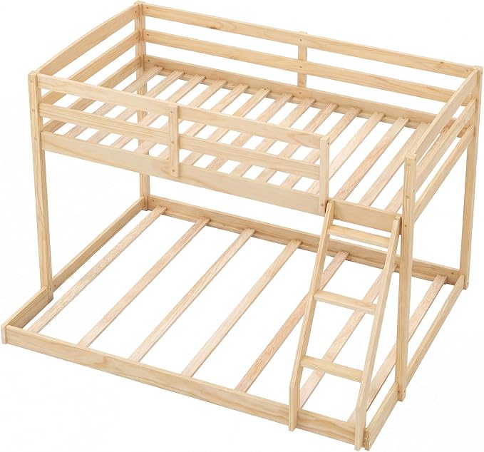 Giantex Twin Over Full Bunk Bed, Solid Wood Kids Bunk Bed with Full-Length Guardrails & Ladder, Low Bunk Beds with Slats Support for Kids, Teens, No Box Spring Needed, Natural