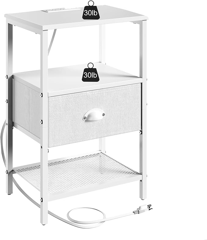 sthmec Nightstands with Charging Station, LED Bedside Tables with Charging Station and Fabric Drawer, Night Stand with Storage, 3 Tier Side Table with Open Shelf, LED Nightstand Bedside Table,White