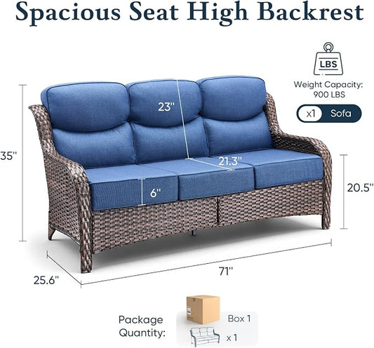 Belord Luxury 6" Thick Cushioned PE Wicker 3-Seater Outdoor Couch, All-Weather Comfortable Modern Patio Sofa, High Back Deep Seat Woven Outdoor Furniture for Porch Balcony, Lawn, Deck - BrownBlue