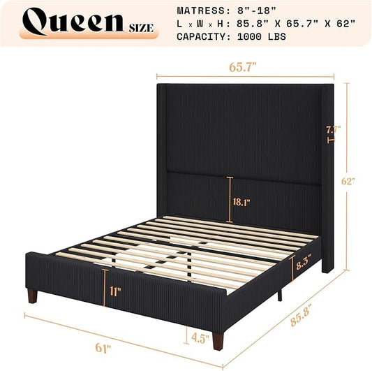 AMERLIFE Queen Size 62" Corduroy Upholstered Bed Frame, Luxurious Platform Bed with Extra Tall Wingback Headboard and Vertical Stripe, No Box Spring Needed/Solid Wood Slats & Legs/Black