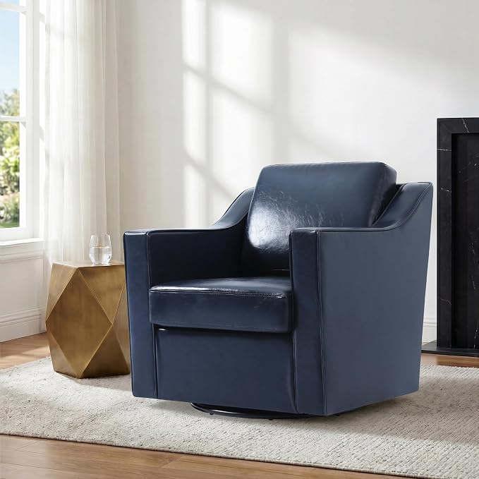 Swivel Accent Chair Set of 2, Modern Round Barrel Arm Chair for Living Room, Bedroom, Comfy Club Reading Chairs for Adults, Leather Navy Blue