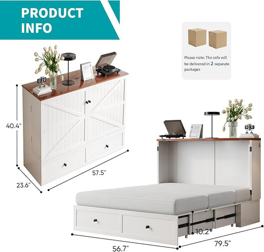 BALUS 57.5" W Full Cabinet Murphy Bed with Built-in Charging Station, Full Size Murphy Cabinet Bed with Storage Drawers for Guest Room, Multi-Functional Chest Bed for Small Space, Bedroom, White
