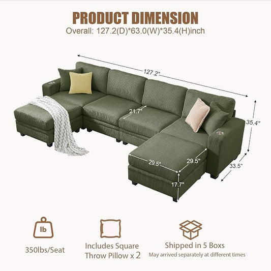 127" Modular Sectional Sofa with Storage, Corduroy 6-Seater U-Shaped Sofa with Ottoman Chaise, Cloud Sectional Couches for Living Room, Apartment
