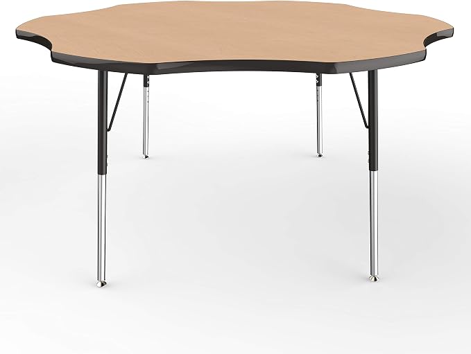 FDP Flower Activity School and Office Table (60 inch), Standard Legs with Swivel Glides for Collaborative Seating Environments, Adjustable Height 19-30 inches - Maple Top and Black Edge