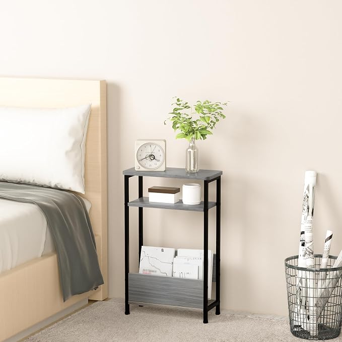 THUMEYE 7.1" Narrow Side Table for Small Spaces, 3 Tier Small End Table with Magazine Holder, Slim/Skinny Nightstand/Bedside Table for Living Room, Bedroom, 15.4" L x 24.2" H, Gray
