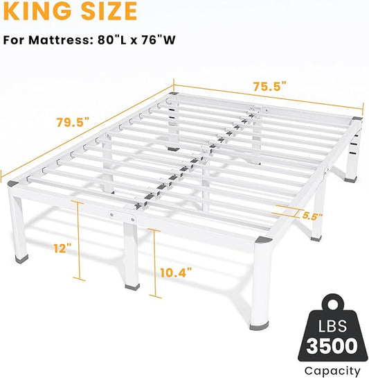 12 Inch King Bed Frame, Metal Platform Bed Frame with Round Corner Legs, 3500 lbs Heavy Duty Steel Slats Support, No Box Spring Needed, Noise Free, Easy Assembly, White