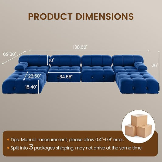Modern Velvet Sectional Sofa, U Shape Minimalist Modular 6-Seater Couch with 2-Ottomans for Living Room Office Apartment (138in/Blue)