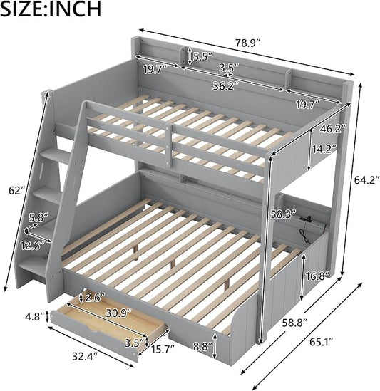 Wood Bunk Bed Twin Over Full Size with Built-in Storage Shelves and Charging Station, Versatile Bunk Bed Frame with Ladder and Guardrail for Kids Teens Adult, Maximize Space (Grey-5.6)