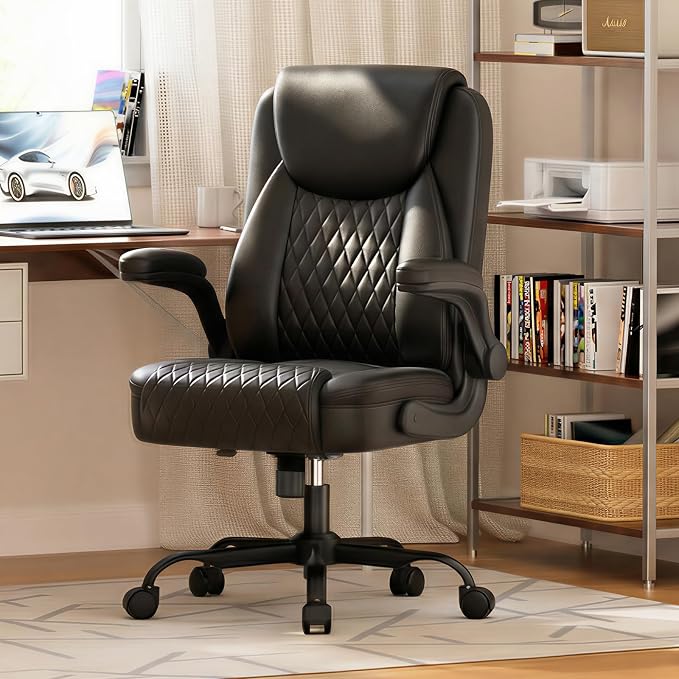 GTPLAYER Leather Office Chair, Home Desk Chair with Flip-up Arms and Ergonomic Back - Comfy Heavy Duty Executive Chair for Home Office Gaming, Black