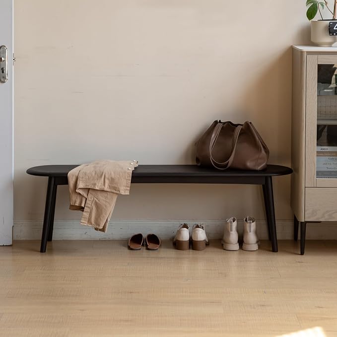 100% Solid Oak Dining Bench, Wood Bench for End of Bed with Rounded Corners, Entryway Benches for Entrance, Hallway, Kitchen, Living Room(Oak Black,12" L x 47.2" W x 16.2" H)