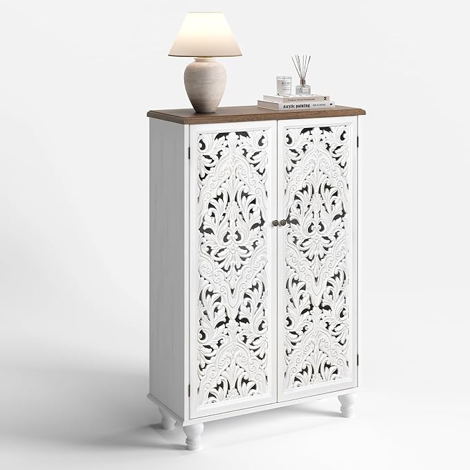 JOINICE 47" Accent Storage Cabinet with Carved Doors,White Buffet Cabinet with Solid Wood Legs & 100lbs Capacity, Farmhouse/Rustic/Boho Style for Living Room, Dining Room, Bedroom, Hallway, Study