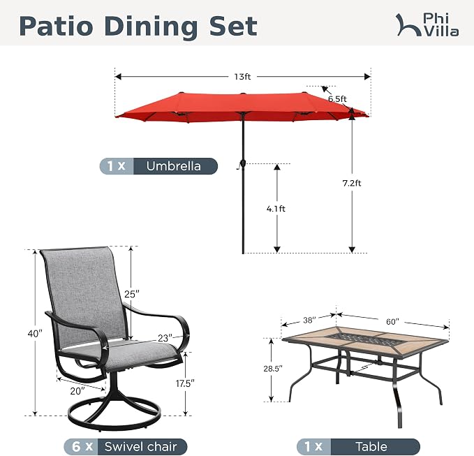 PHI VILLA Outdoor Patio Dining Set with Umbrella for 6 Person, Outdoor Swivel Dining Chairs & 1 Large Wooden-Like Top Table with 13ft Orange Red Outdoor Umbrella(No Base) for Deck Lawn Garden Backyard