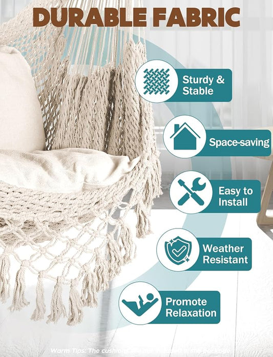 Chihee Hammock Chair Handmade Hanging Chair Cotton Rope Woven Hanging Seat Soft-Spun Large Stretch Hammock Swing, Collapsible Strong Metal Spreader Bar Elegant Macrame Comfort Indoor Outdoor Garden