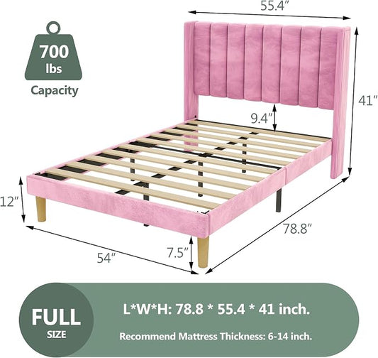 alazyhome Platform Bed Frame Full Size with Upholstered Headboard, Solid Wood Slats Support, No Box Spring Needed, Noise Free, Easy Assembly, Modern Velvet Bed, Pink