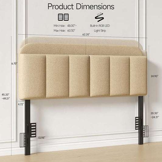 Queen Size Adjustable Headboard, Upholstered Headboard with Storage, APP Controlled LED Light, Padded Head Board Only, Sturdy Metal Foot Frame, Vertical Channel Design for Bedroom, Beige
