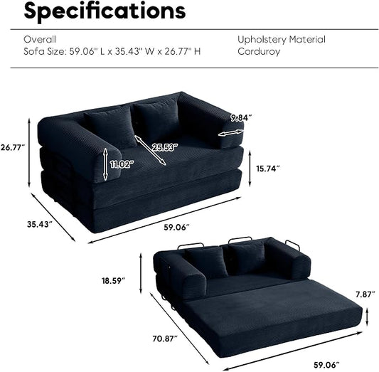 ZEIINPA 59“ Convertible Floor Sofa Bed, 5-in-1 Futon Sofa Bed Pull Out Sleeper Couch, Modern Corduroy Compressed Loveseat, Modular Boneless Couches for Living Room, No Assembly Required, Black
