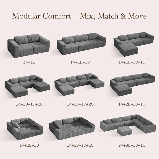 Vesgantti 119" L-Shaped Modular Sectional Sofa, Corduroy Cloud Couch with Deep Seating & Spring Support, Flexible Layout Sofa with Ottoman, Boneless Style, No Assembly Required, Grey