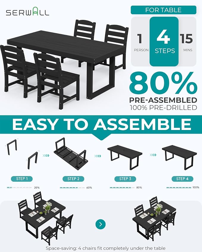 SERWALL HDPE Outdoor Dining Set for 4, 67'' Patio Table and Chairs Set | with Armless Seat