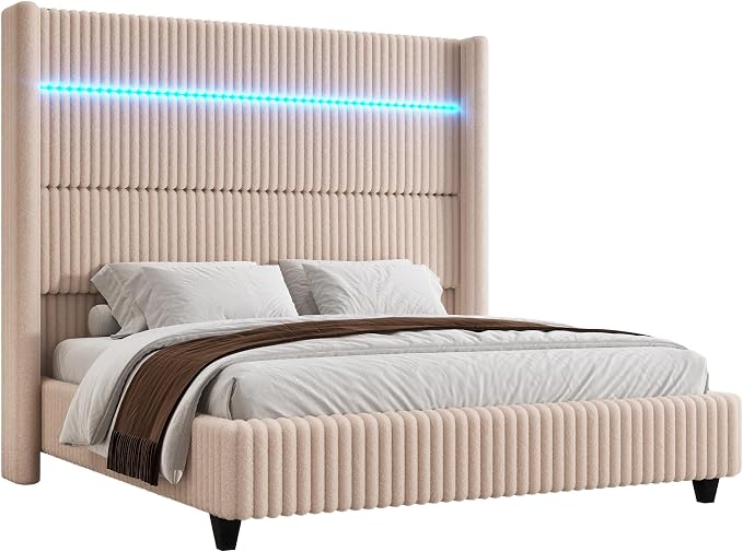 Jocisland Cal King Bed Frame Faux-Fur Upholstered 60" Tall Headboard, Beige | Wingback Headboard, LED lights, USB Charging, Noise-free, No box spring needed, easy assembly, for Tall People