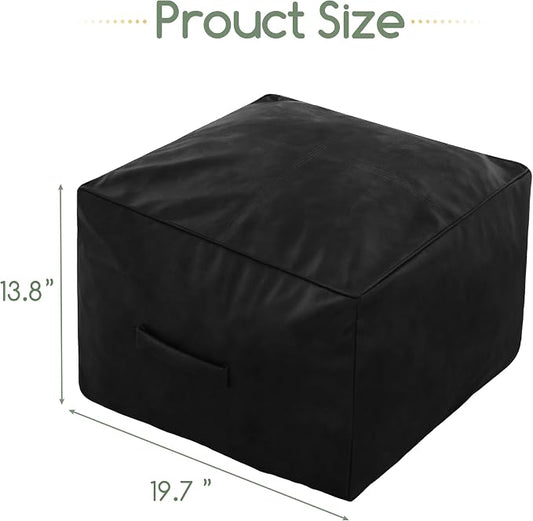 HIGOGOGO Square Stuffed Pouf Ottoman, Pu Leather Poufs with Foam Chunk Filling, Furry and Fluffy Pouf Foot Stool Storage Ottoman,20 X 14 Inches Floor Poufs Foot Rest for Living Room, Black