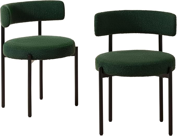 Boucle Dining Chairs Set of 2, Green Dining Chairs with Upholstered Seat and Round Back, Mid-Century Modern Kitchen Chairs for Dining Room, Restaurant