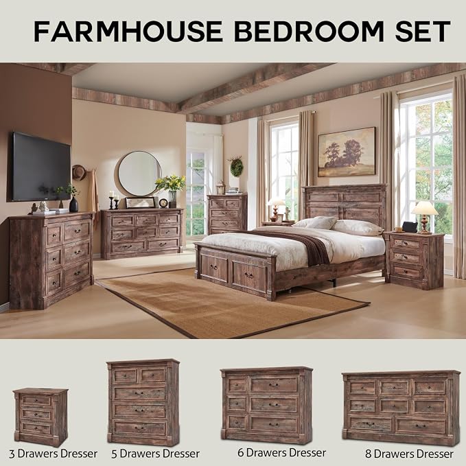Aitjunz Farmhouse Queen Size Bed Frame with 51" Tall Headboard, Wood Platform Bed Frame with 20" Tall Roman Column Decoration Footboard & 2 Large Storage Drawers, No Box Spring Needed (Light Brown)