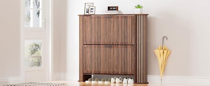 Narrow Shoe Storage Cabinet for Entryway, Slim Fluted Shoe Cabinet with 2 Flip Drawers, Wood Hidden Shoe Rack Organizer for Entry Way, Entrance, Foyer, Hallway, Walnut, Wooden, Thin