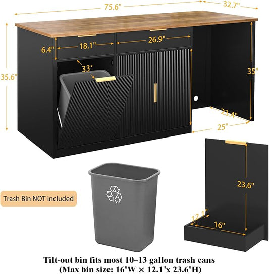 GDLF 75.6" W Large Kitchen Island with Storage and Fridge Space, Modern Kitchen Bar Island Table with Drawers and Trash Bin Space
